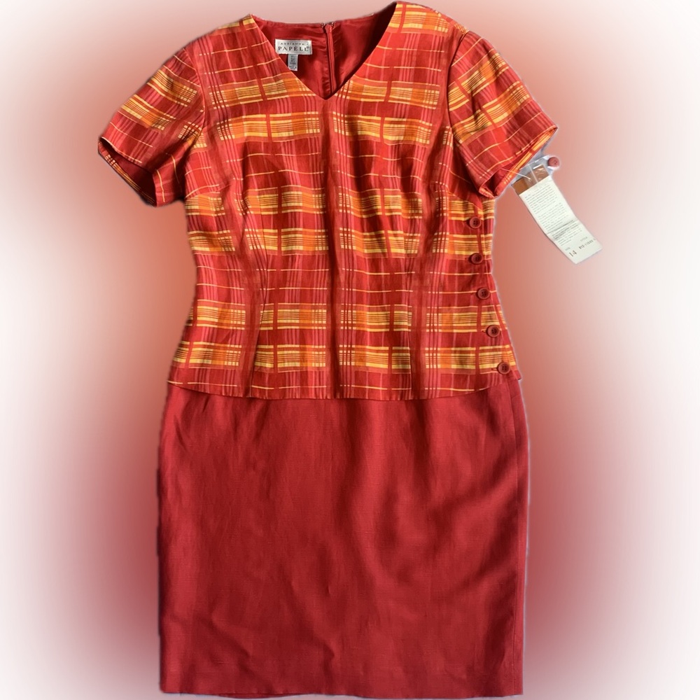 ADRIANNA PAPELL Silk & Linen peplum dress size 14, orange & yellow.